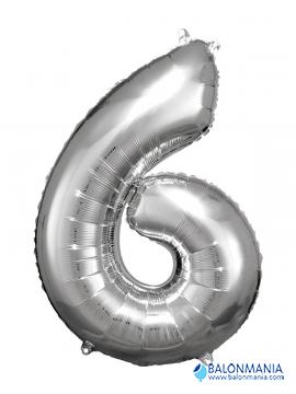 SuperShape Number 6 Silver Foil Balloon L34 Packaged 55cm x 88cm